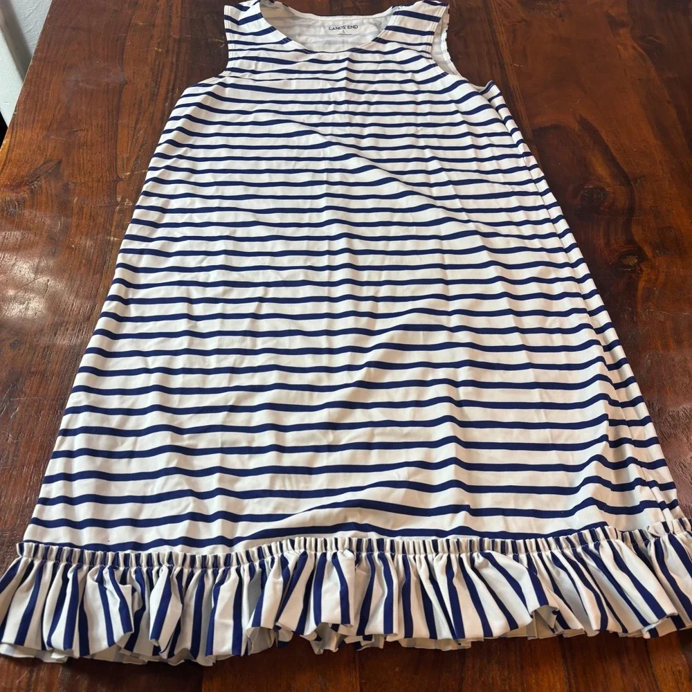 Lands End Girls Large Blue White Striped Ruffle Swim Cover Up Dress‎ Sleeveless